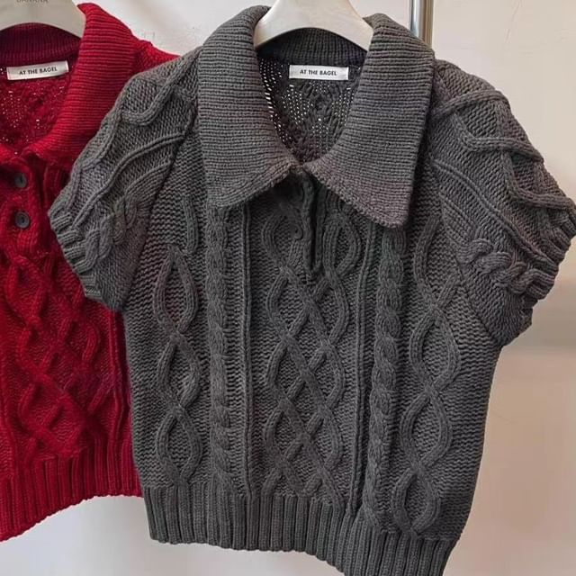 Cable-Knit Collar Short-Sleeve Sweater