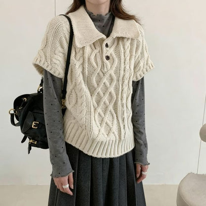 Cable-Knit Collar Short-Sleeve Sweater