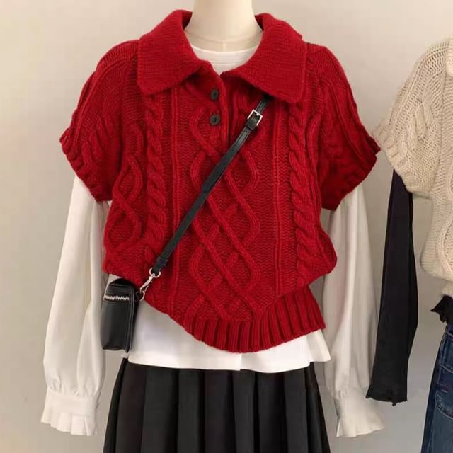 Cable-Knit Collar Short-Sleeve Sweater