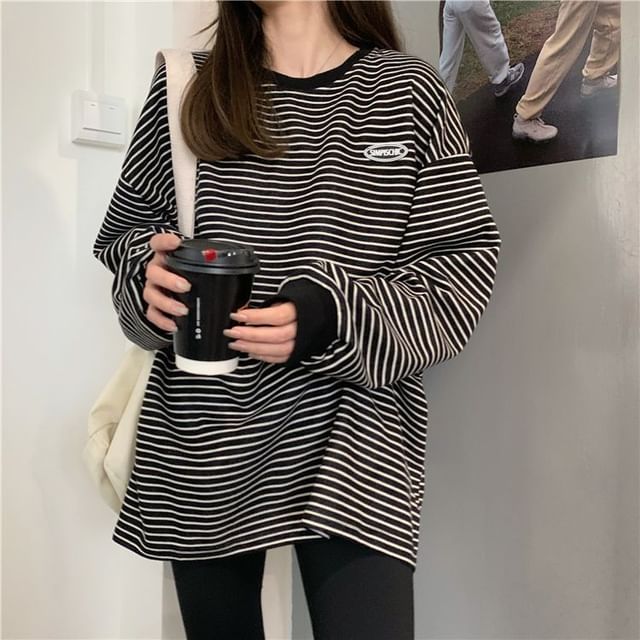 Striped Round Neck Oversized Sweatshirt