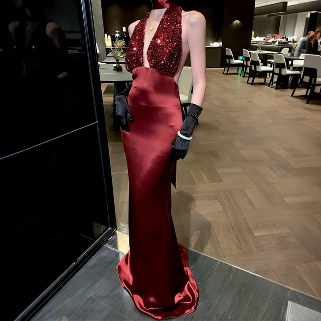 Halter Neck Deep Plunge Sequin Panel Open Back Mermaid Evening Gown