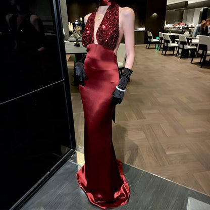 Halter Neck Deep Plunge Sequin Panel Open Back Mermaid Evening Gown