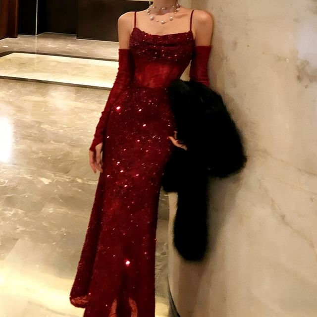 Set: Spaghetti Strap Cowl Neck Sequin Lace Panel Slit Mermaid Evening Dress + Arm Sleeves