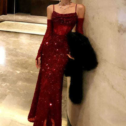 Set: Spaghetti Strap Cowl Neck Sequin Lace Panel Slit Mermaid Evening Dress + Arm Sleeves
