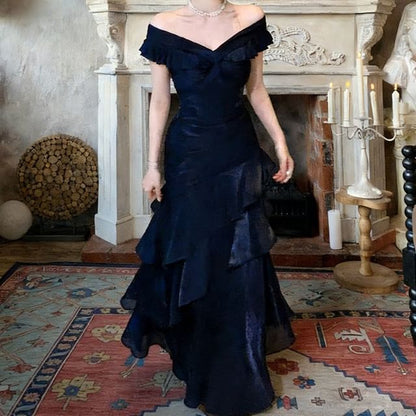 Off-Shoulder Plain Ruffle Trim Mermaid Evening Dress