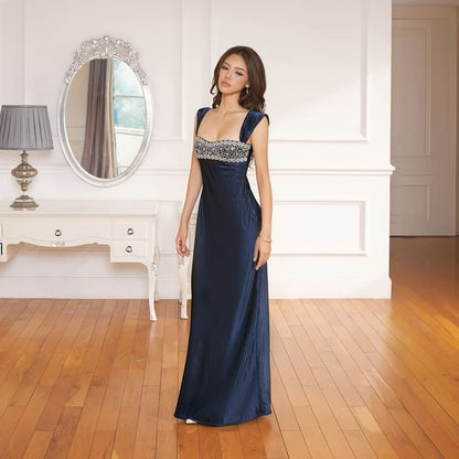 Sleeveless Square Neck Plain A-Line Evening Gown