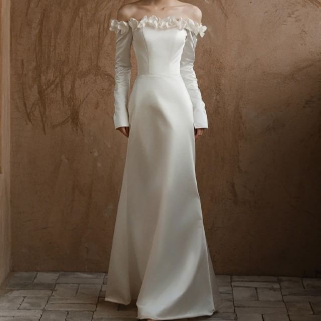 Off-Shoulder Long-Sleeve Ruffled A-Line Wedding Gown