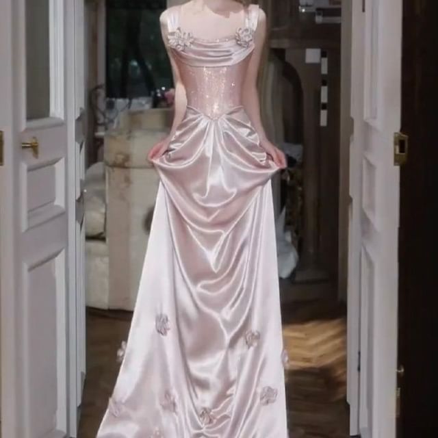 Wide Strap Floral Fishbone Floral Satin A-Line Evening Gown