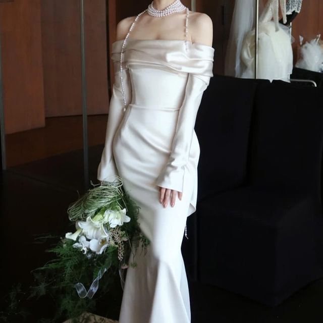 Off-Shoulder Long-Sleeve Satin A-Line Evening Gown