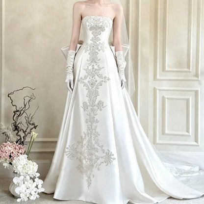 Strapless Floral Applique Bow Back A-Line Wedding Gown