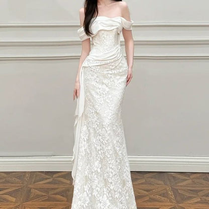 Off-Shoulder Asymmetrical A-Line Lace Wedding Gown