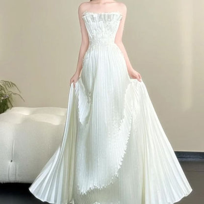 Strapless Satin Accordion Pleat A-Line Evening Gown