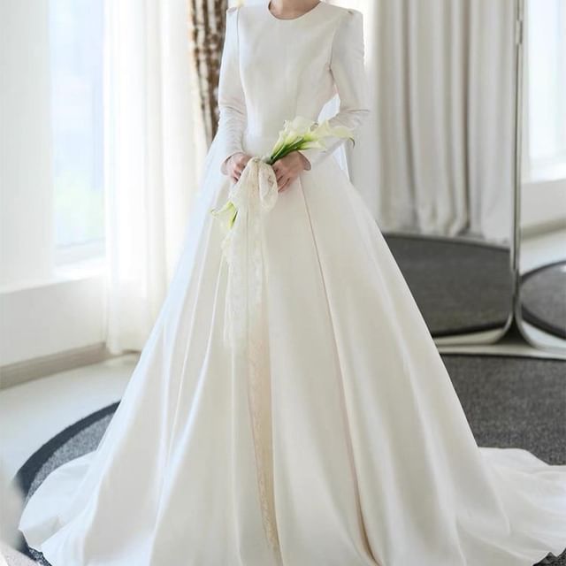 Long-Sleeve Satin A-Line Wedding Gown