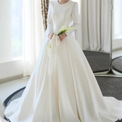 Long-Sleeve Satin A-Line Wedding Gown