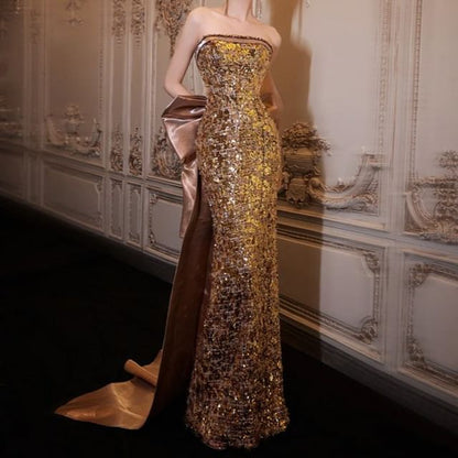 Strapless Sequined Bow Back Bodycon Evening Gown
