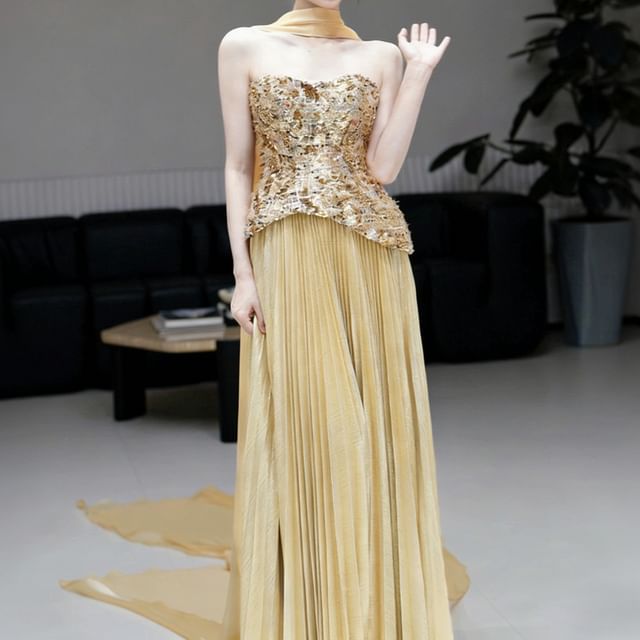 Strapless Sequined Accordion Pleat A-Line Evening Gown