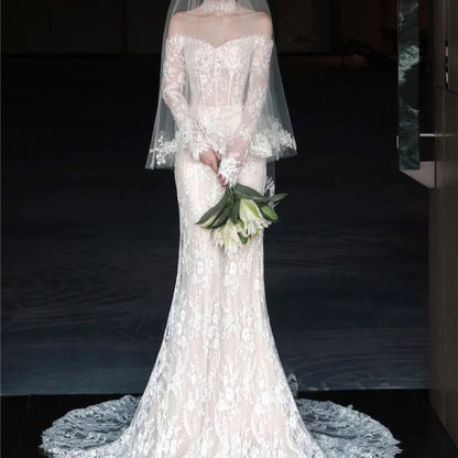 Off-Shoulder Long-Sleeve Lace Mermaid Evening Gown