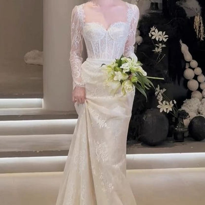 Long-Sleeve Sweetheart-Neckline A-Line Lace Wedding Gown