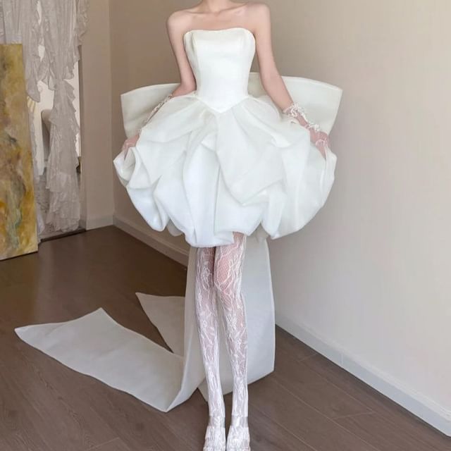 Strapless Bow Back Balloon Short Wedding Gown