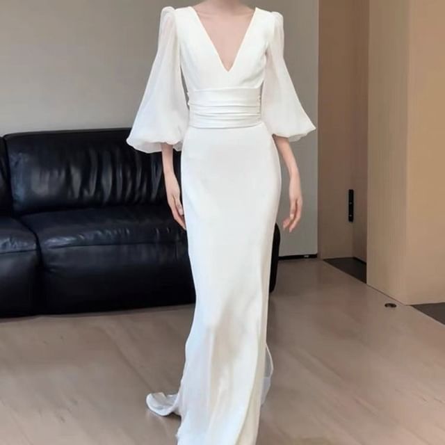 Puff-Sleeve V-Neck Mermaid Evening Gown