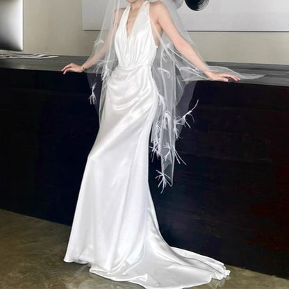 Halter-Neck Satin Open Back Mermaid Wedding Gown