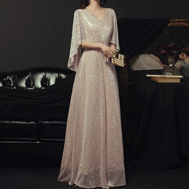 Cape-Sleeve v-Neck Sequined A-Line Evening Gown