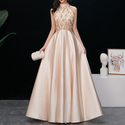 Cold-Shoulder Lace Panel Satin A-Line Evening Gown