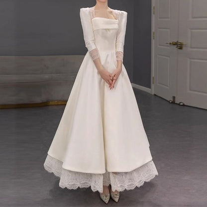 3/4-Sleeve Square-Neck Lace Trim A-Line Wedding Gown
