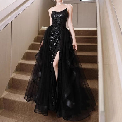 Spaghetti Strap Sequined Ruffled Slit A-Line Mesh Evening Gown