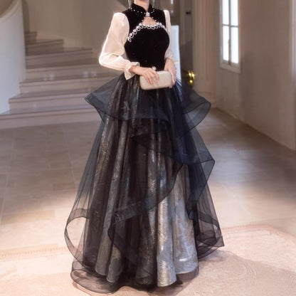 Puff-Sleeve Two-Tone Stand Collar A-Line Mesh Overlay Evening Gown