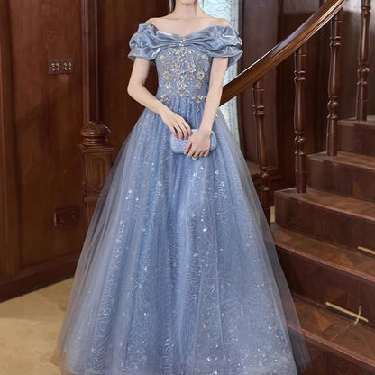 Off-Shoulder Sequined Bow Mesh Overlay A-Line Evening Gown