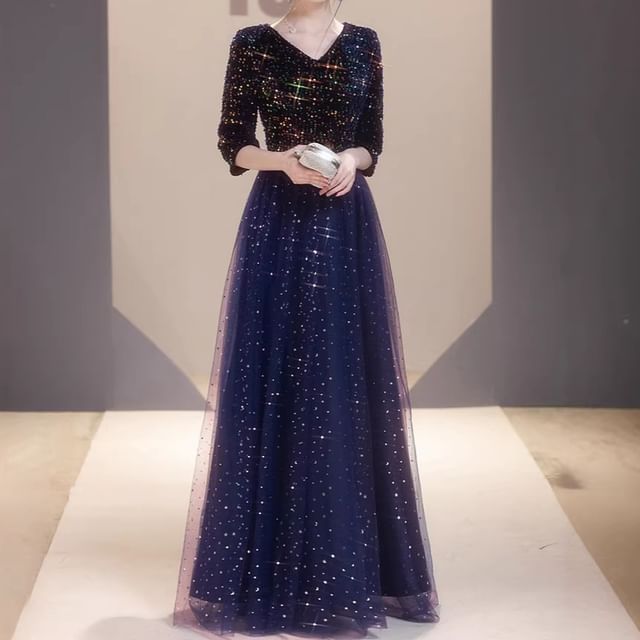 3/4-Sleeve V-Neck Sequined A-Line Mesh Overlay Evening Gown