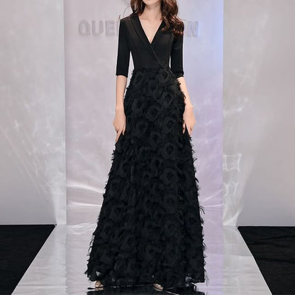 Elbow-Sleeve V-Neck Plain Wrap Floral A-Line Evening Gown