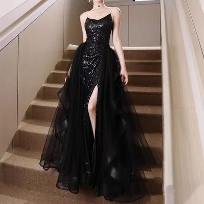 Spaghetti Strap Sequined Slit Mesh Ruffle A-Line Evening Gown