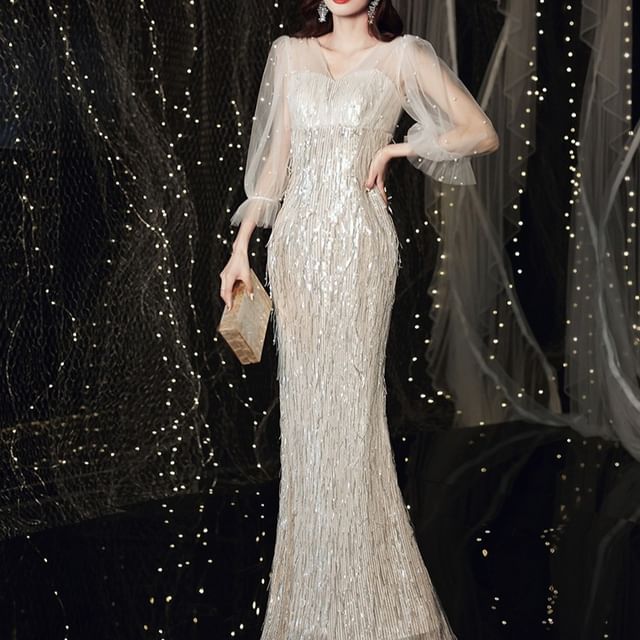 Puff-Sleeve V-Neck Sequined Fringed Mermaid Evening Gown