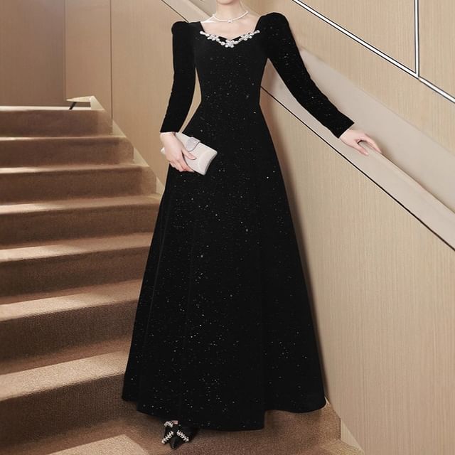 Puff-Sleeve Square-Neck Rhinestone Glitter A-Line Evening Gown