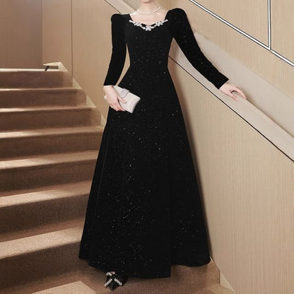 Puff-Sleeve Square-Neck Rhinestone Glitter A-Line Evening Gown