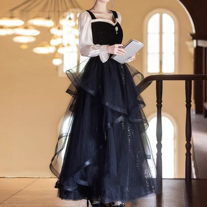 Puff-Sleeve Sweetheart-Neckline Glitter Mesh Ruffle A-Line Evening Gown