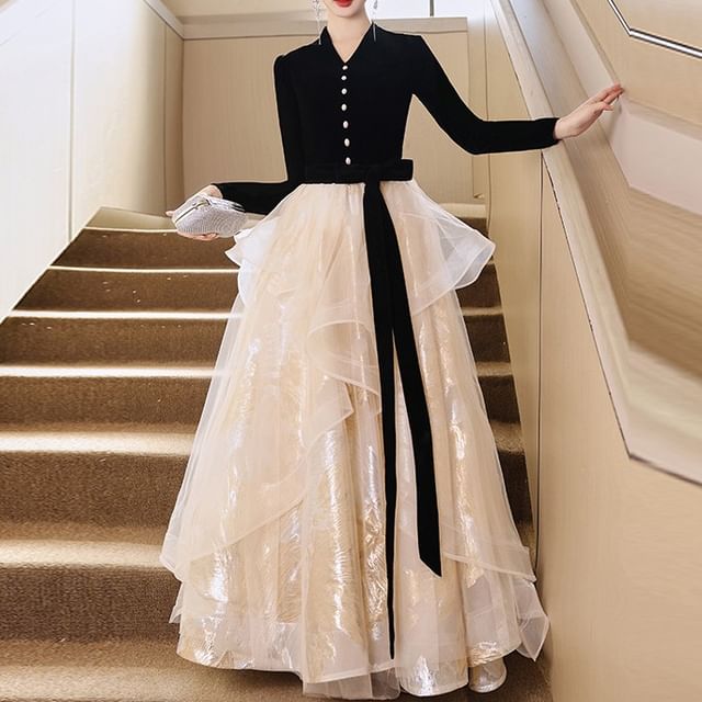 Long-Sleeve V-Neck Button-Up Velvet Mesh Ruffle A-Line Evening Gown