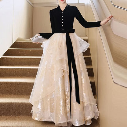 Long-Sleeve V-Neck Button-Up Velvet Mesh Ruffle A-Line Evening Gown