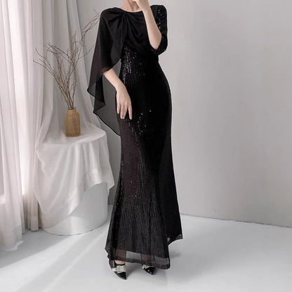 Elbow-Sleeve Sequined Caped Mermaid Evening Gown
