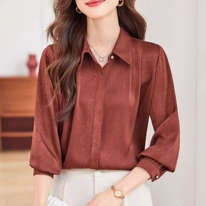Silky Collared Long-Sleeve Satin Shirt
