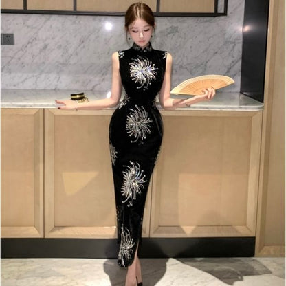 Sleeveless Mandarin Collar Rhinestone Maxi Qipao