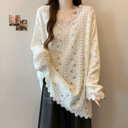 V-Neck Long Sleeve Lace Accent Shirt