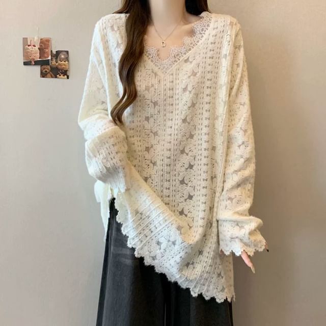 V-Neck Long Sleeve Lace Accent Shirt