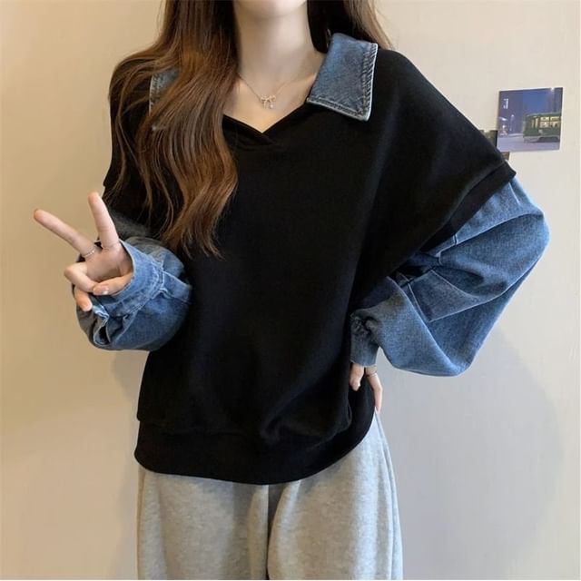 Denim Panel Collared Polo Sweatshirt