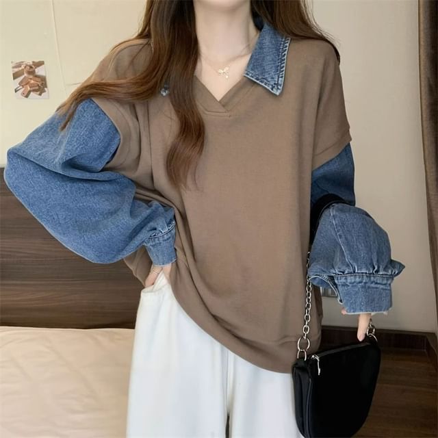 Denim Panel Collared Polo Sweatshirt