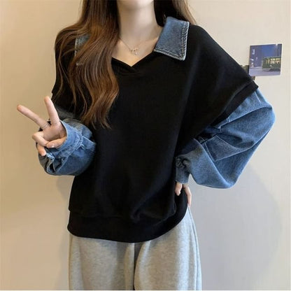 Denim Panel Collared Polo Sweatshirt
