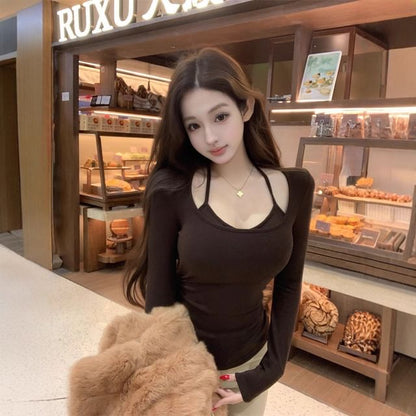 Halter Mock Two Piece Long Sleeve Top