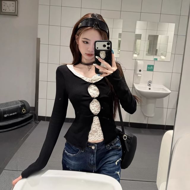 V-Neck Mock Two Piece Lace Panel Top